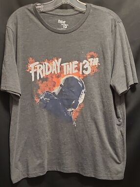 MAD Engine Gray Friday the 13th Horror Graphic Tee with Orange and Blue Print